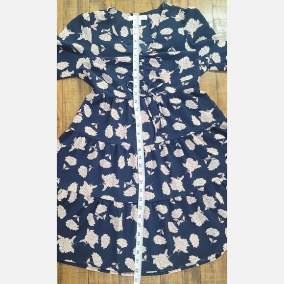 Monteau V-Neck Cinched Mini Dress Navy Blue White Tan Floral - Medium - Picture 8 of 9